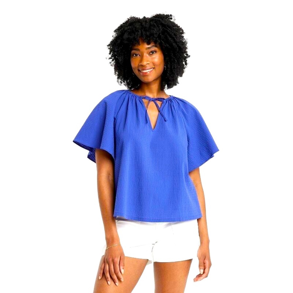 A New Day Woman’s Blue Puckered Fabric Short Flutter Sleeve Blouse. Sz M. NWT